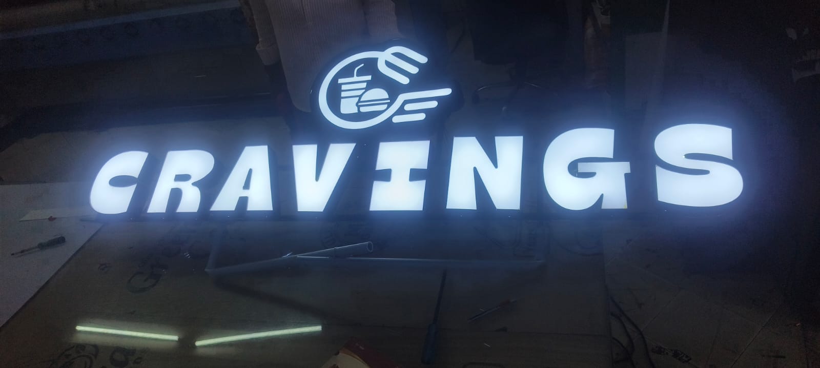 LED shop name board glowing at night — printed by SS Digital Prints Chennai