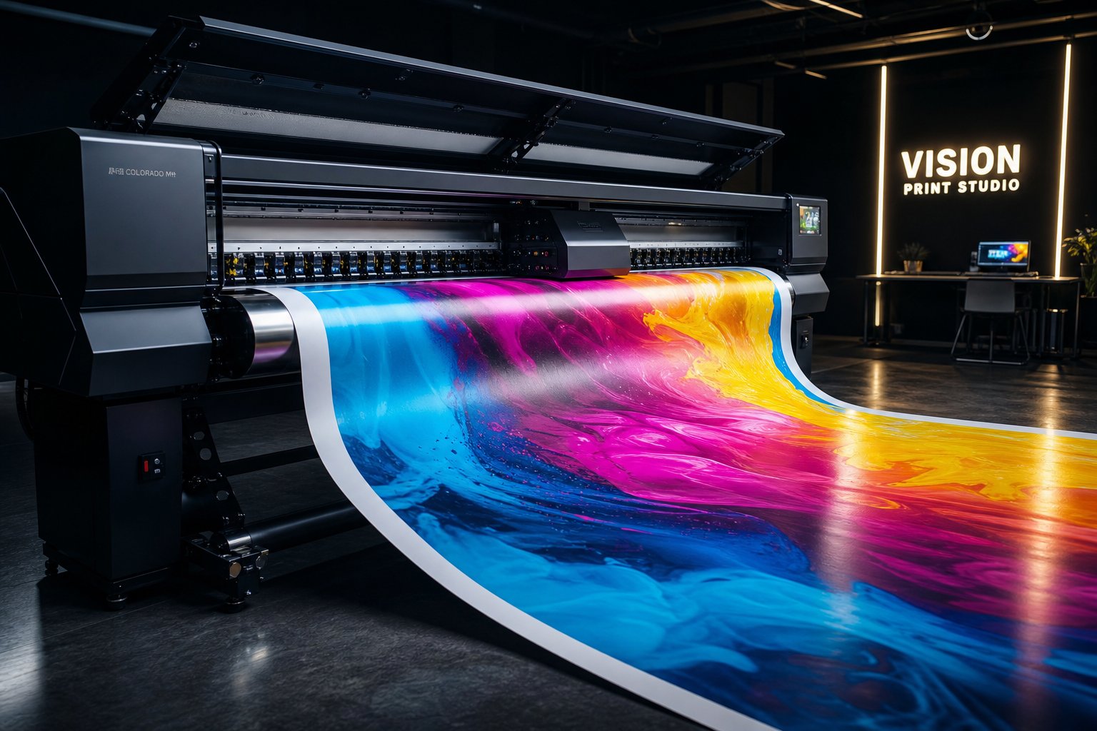 Large-format digital printer producing a vibrant banner at SS Digital Prints Chennai