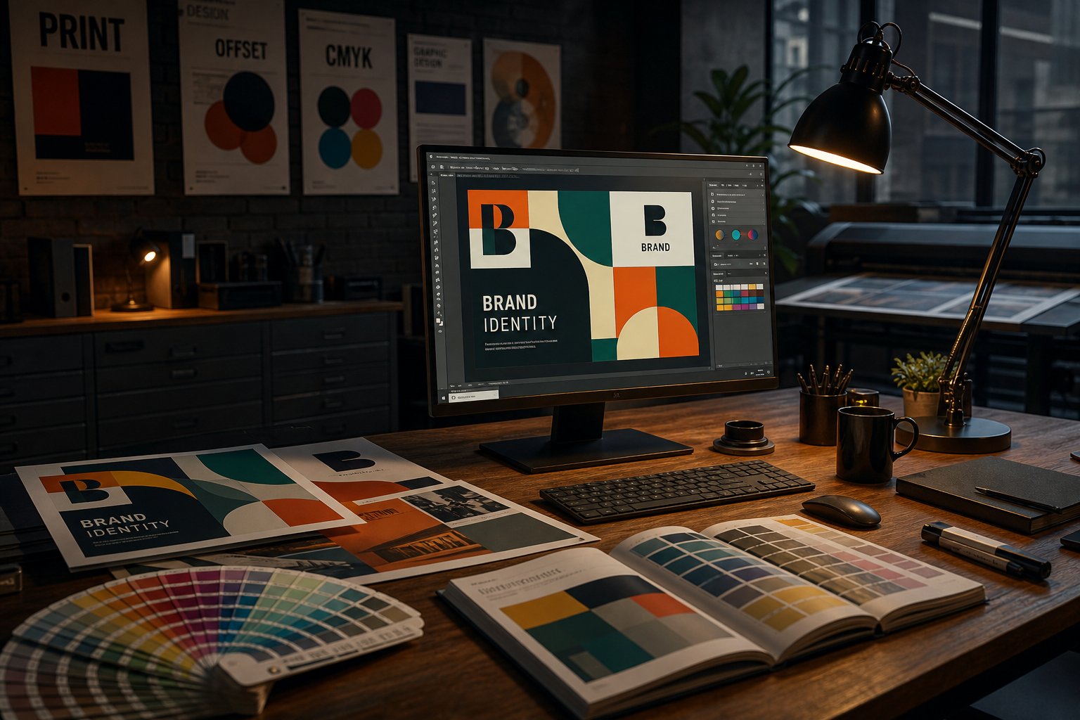 Design studio desk at SS Digital Prints with printed proofs and CMYK colour swatches